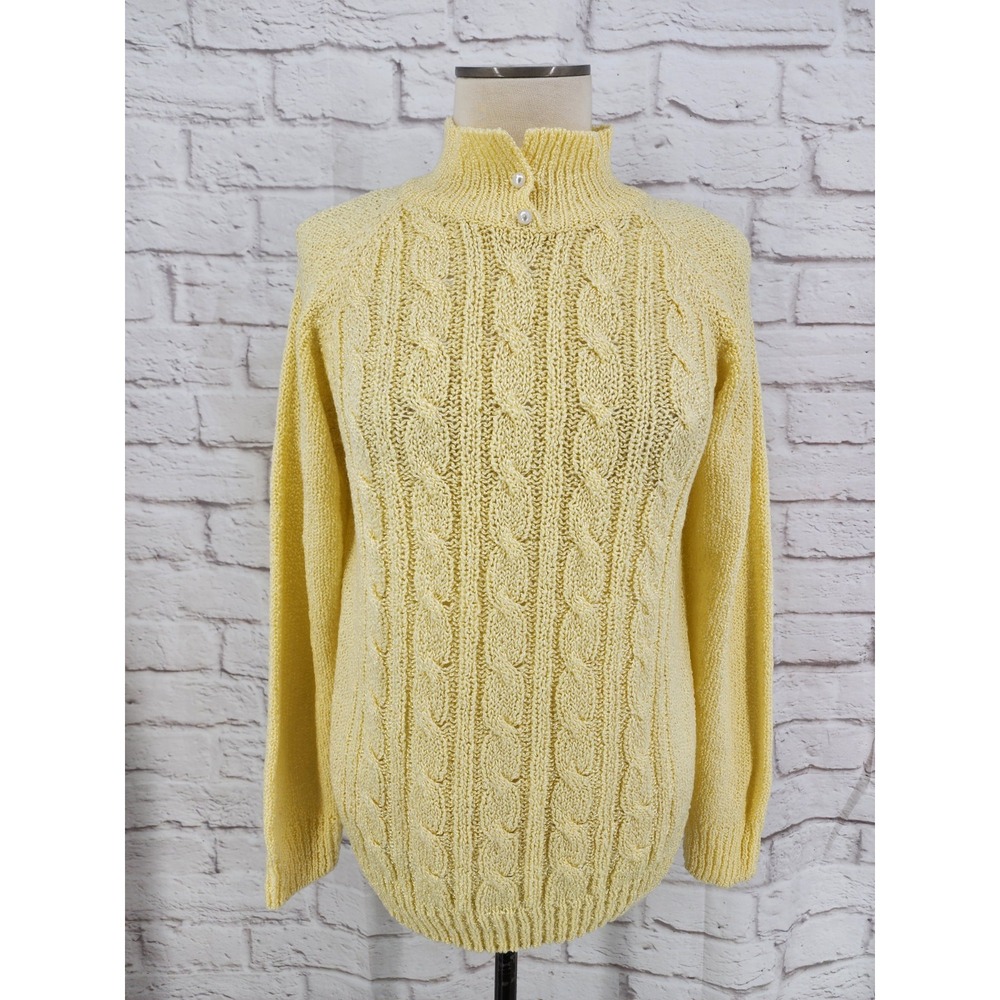 Vintage Butter Yellow Sweater Cable Knit Cottagecore Whimsy Pearl Button Small